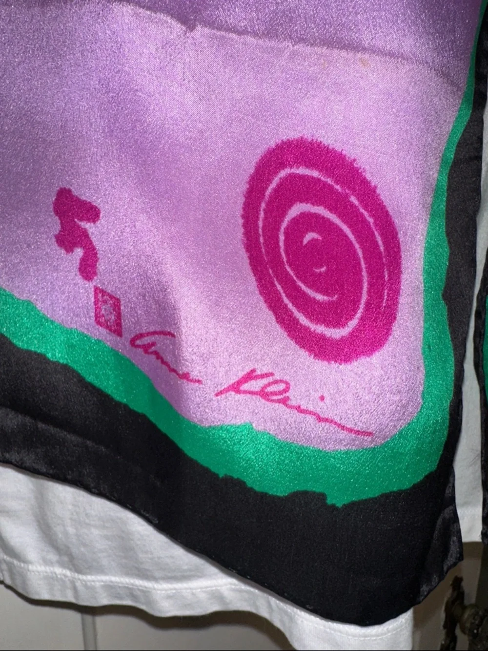 Vintage 80s Anne Klein Purple, Pink, Green & Black Swirl Pattern‎ Silk Scarf